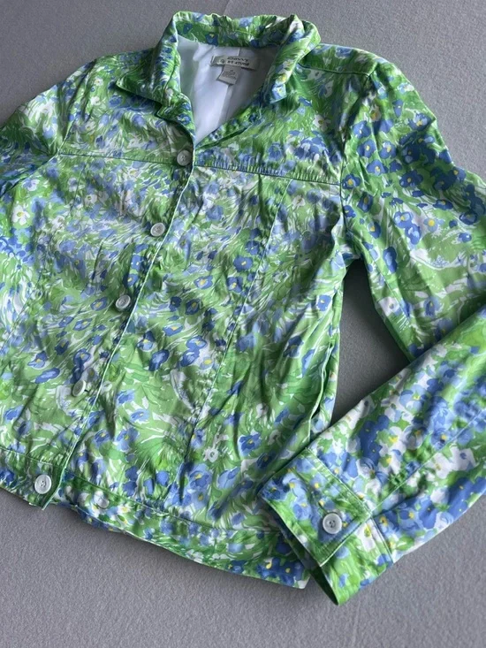 Savvy DT Studio Green Blue Floral Cropped Jacket Lightweight Button Front Spring - Picture 3 of 7